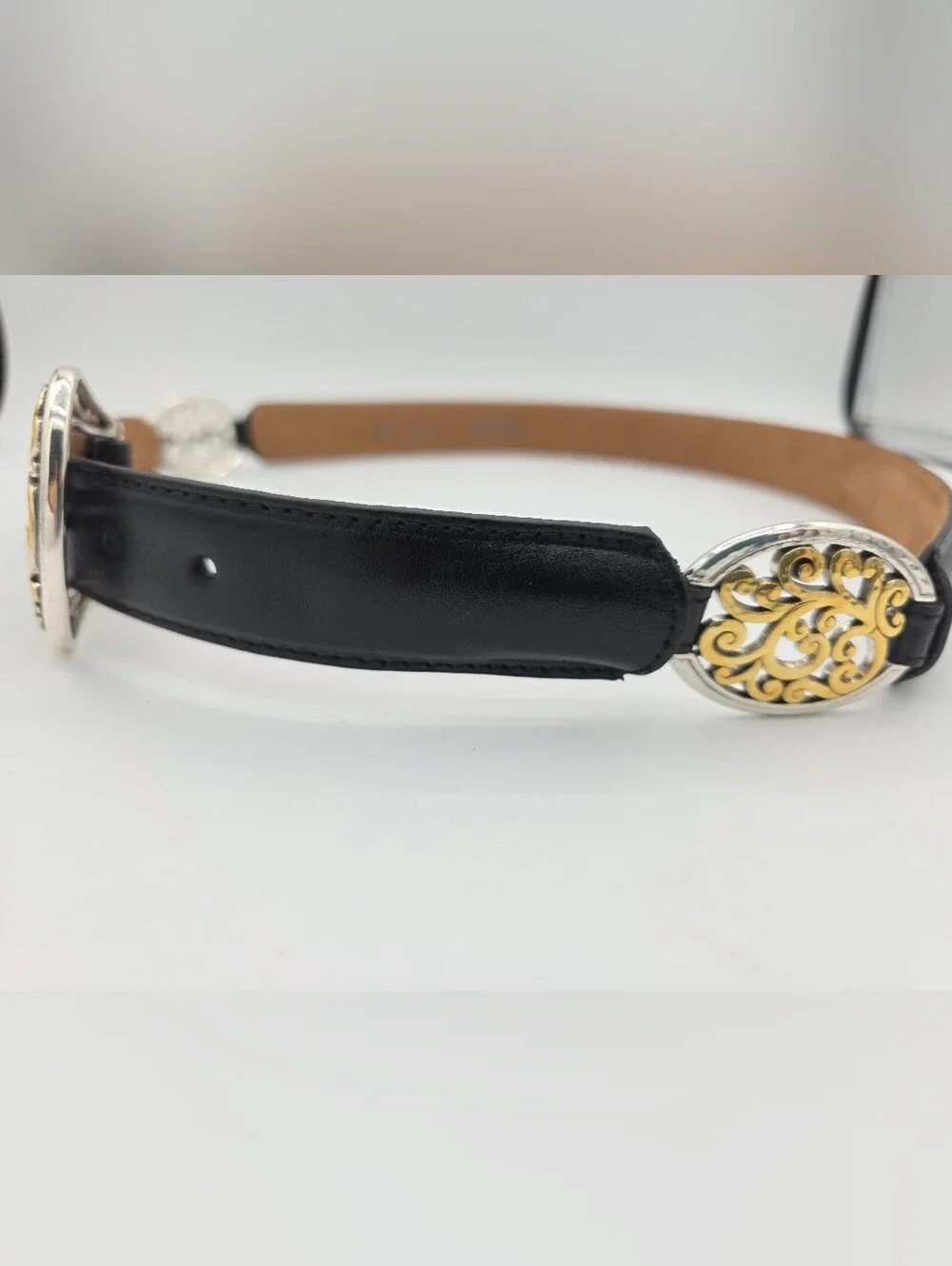 Brighton B60293 Black Leather Belt Retired Two Tone Scroll Buckle Size 38